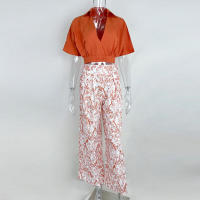 Conjunto de moda de otoño con camisa de cuello en V y pantalones anchos estampados - details 8