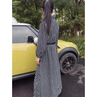 Primavera otoño nuevo vestido blanco y negro estampado Vintage elegante cuello en V moda ocio reunión mujeres vestidos largos delgados MsChuh - details 3