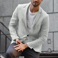 Blazer Delgado de Algodón y Lino para Hombres Color Sólido, Manga Larga, Bolsillos, Ligero para el Verano, Chaqueta Casual de Negocios - details 4