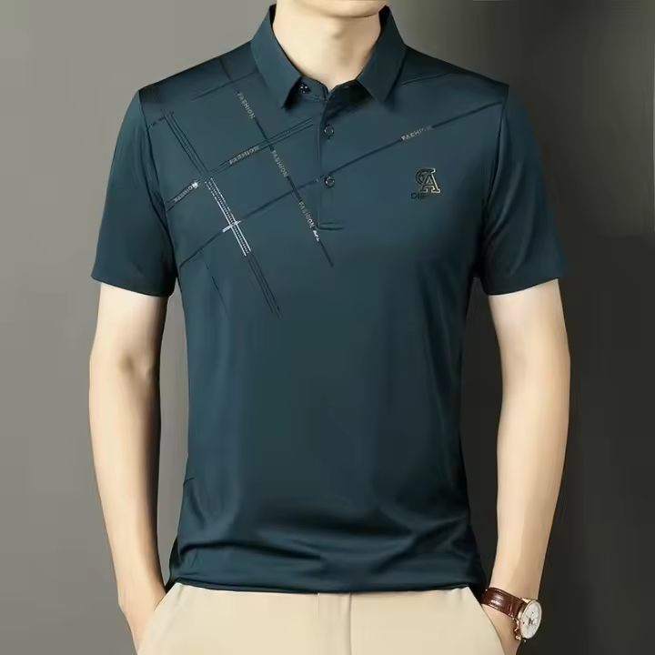 Camisa polo de seda de hielo de manga corta, camiseta informal de negocios con solapa, ropa de verano para hombres de mediana edad y delgada para papá - 1