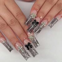 24 Piezas de Uñas Artificiales Negras con Cruces de Diamante Patrones de Arena, Presión, Escaleras Largas para Mujeres y Niñas - details 2