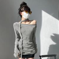 Suéter de punto para mujer, Tops de manga larga calados rasgados, jersey liso Sexy - details 0