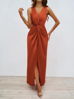 Vestido ajustado con abertura y cuello en V, elegante, sin mangas, retorcido, para mujer, verano 2025 - details 2