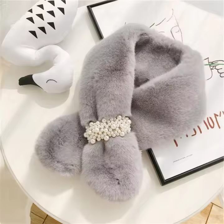 Bufanda de cuello cruzado de perlas gruesas para mujer, bufanda cálida de invierno, chal elegante, bufanda de felpa de piel de conejo de imitación de Color sólido - 1