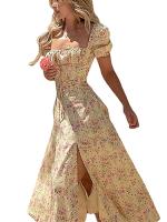 Meihuda Vestido largo de escuela secundaria con estampado de pastizales y manga corta esponjosa, con encaje en el pecho, nuevo - details 4