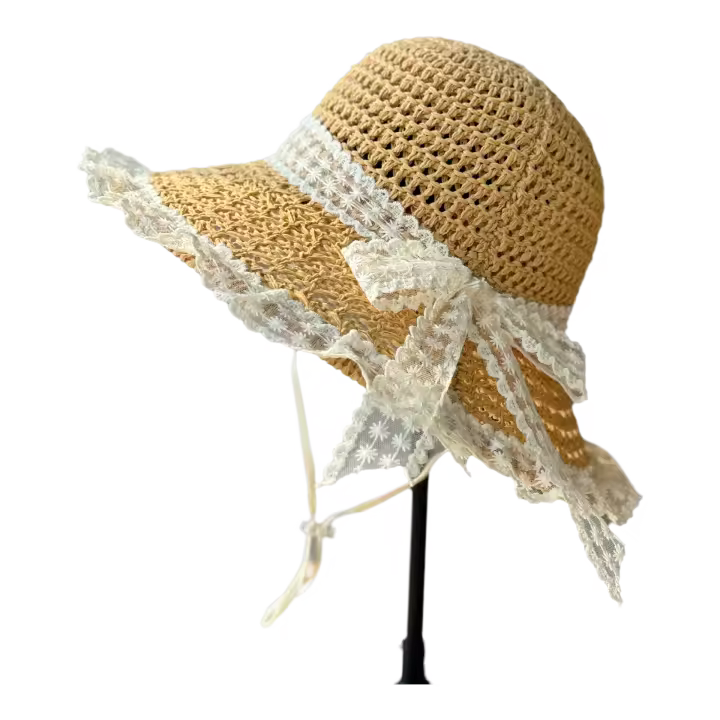 Sombrero de paja de encaje para mujer, sombrero de paja transpirable de ala grande para verano, cubre toda la cara, gorra con protección solar, tendencia - 1