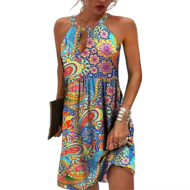 BUNO-Vestidos Retro con cuello en V y estampado Floral en 3D para mujer, vestido Vintage de manga corta acampanado elegante para fiesta, vestido bohemio holgado informal para mujer - 1