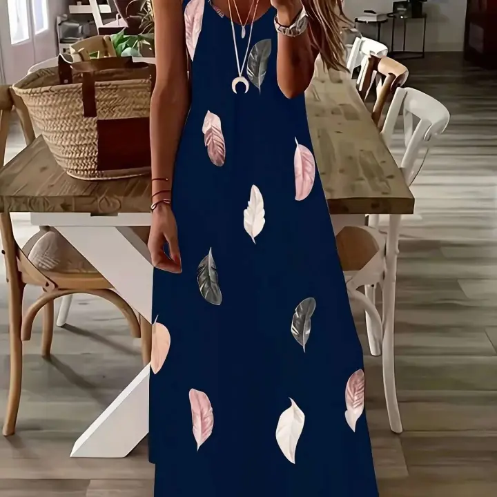 Vestido de verano fresco con estampado de wer para vacaciones en la playa, falda larga holgada informal sin mangas con tirantes - 1