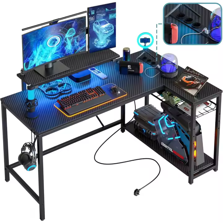 Forma de L con Tomas de Corriente y Luces LED Escritorio de Esquina Reversible de 132 cm con Estantes para el Hogar, Oficina, Escritorio de Estudio para Dormitorio - 1