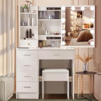 LED, tocador con espejo para maquillaje, 3 colores con brillo ajustable, mesa cosméticos con estantes ajustables, 6 cajones (131 x 80 x 36 cm) - details 1
