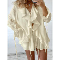 Conjunto casual de moda con volantes Design Sense, primavera verano, nuevo cárdigan con lazo, top y shorts, ropa de mujer - details 9