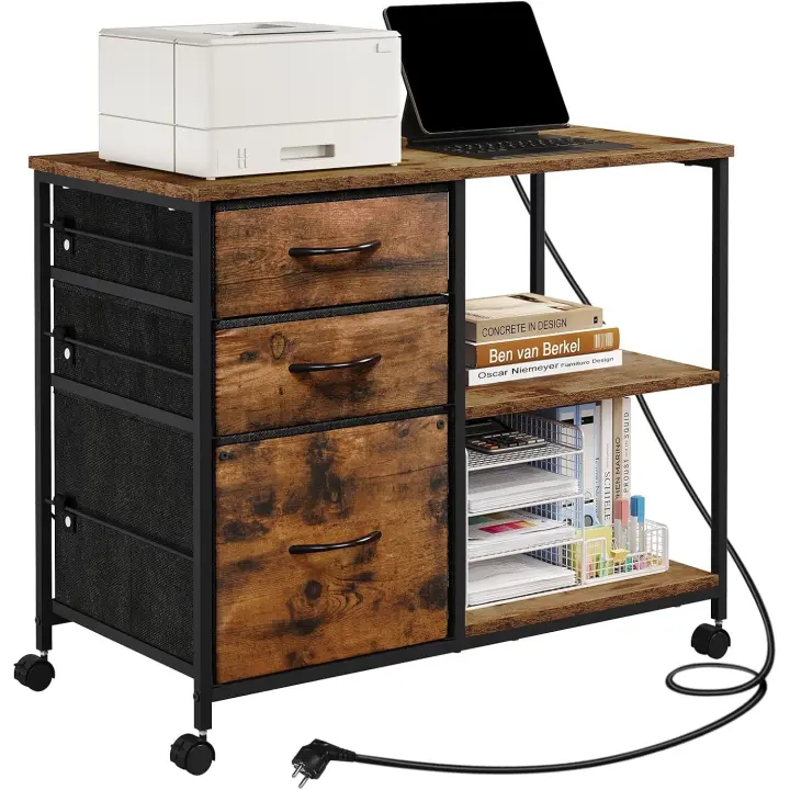 Cajonera Móvil con Ruedas, Gabinete de Metal con Enchufes, Estanteria con 3 Cajones Almacenaje para Oficina y Hogar - 1