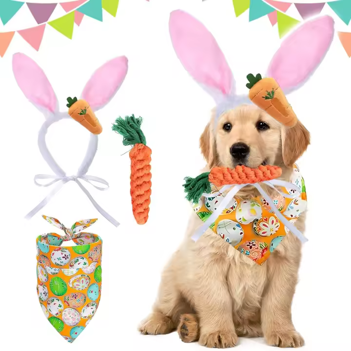 4 disfraces de PCS, diadema con orejas de conejo para perro, pañuelo con patrón temático de huevos de Pascua para perros pequeños y medianos - 1