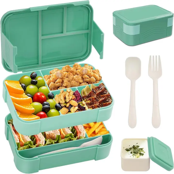 Fiambrera: caja Bento apilable a prueba de fugas con juego de cubiertos y olla para salsa (menta - 1