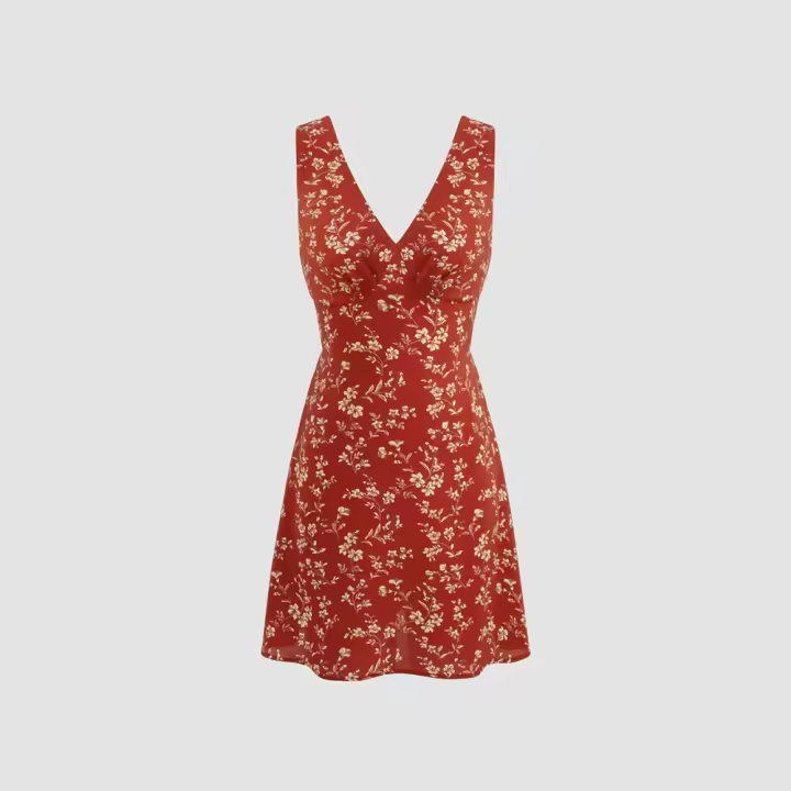 Vestido de mujer de cuello V con flores rotas, pequeño fresco y elegante vestido de temperamento - 1