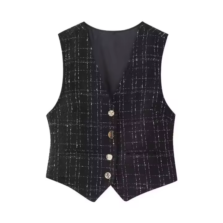 BUNO-Chaleco elegante a cuadros para mujer, chaleco con botones centrales, ropa de calle, top corto de tartán, prendas de vestir, 2025 - 1