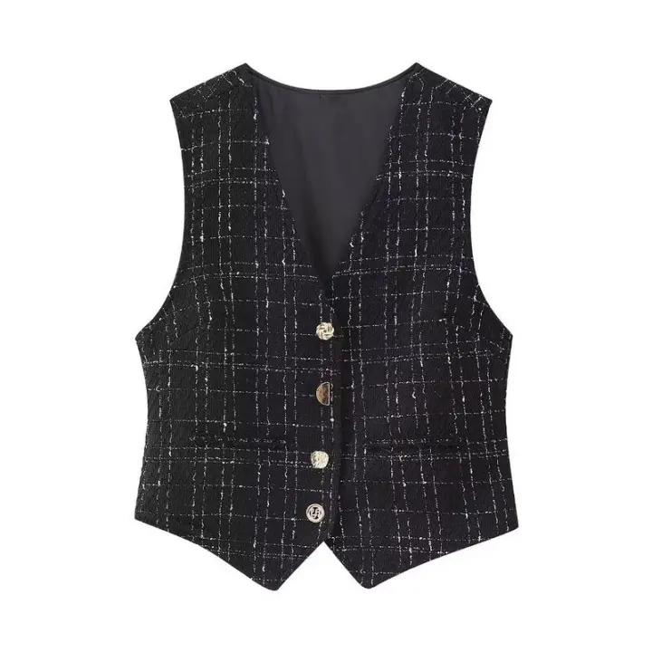 BUNO-Chaleco elegante a cuadros para mujer, chaleco con botones centrales, ropa de calle, top corto de tartán, prendas de vestir, 2025 - 1