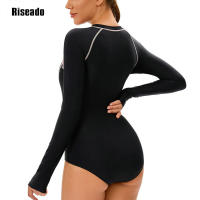 Traje de baño de color degradado de manga larga para mujer, protección UV, cremallera frontal, traje de baño de una pieza, ropa de playa - details 4