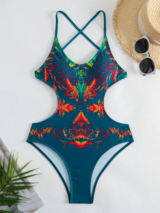 Traje de Baño de Una Pieza con Patrón Floral Corte en V, Cruzado, Alta Corte, Traje de Baño de Nylon con Dacron Para Mujeres Primavera/Verano - 1