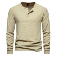 Camiseta de manga larga Henley para hombre, camisa básica transpirable con botones, informal, Color sólido, otoño - details 10