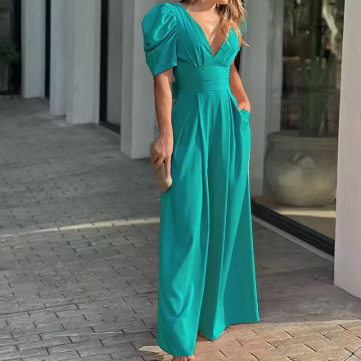 Vestido Elegante de Mujer de Cintura Alta con Cuello en V Color Sólido Verano Otoño - 1