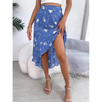 Primavera europea verano americano Casual Floral hoja de loto borde falda asimétrica mediana y larga - details 1