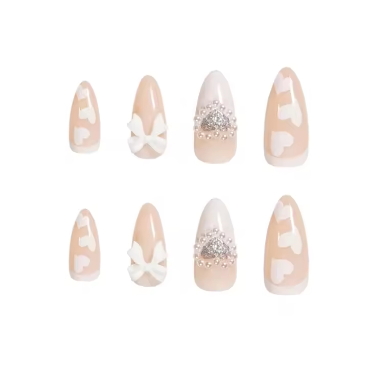 Light Pink Long False Nails with 3D Bow Tie Lightweight and Easy to Stick Fake Nail for Daily and Parties Wearing - 1