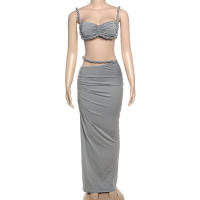 BUNO-Conjunto de 2 piezas de tejido para mujer, camisolas cortas plisadas lisas impresionantes + faldas largas de cintura alta, traje de vacaciones de tendencia femenina - details 78