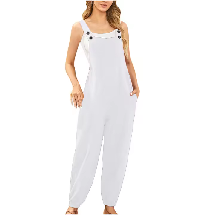Monos de algodón y lino para mujer, Mono informal de verano sin mangas con pernera ancha para mujer, mono, culotte con bolsillos - 1