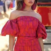 Top corto con estampado Tie Dye para mujer, traje elegante de manga corta con hombros descubiertos,conjunto de vestido ajustado - details 6