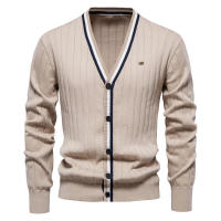 Cárdigan con cuello en V para hombre, suéter de manga larga, Chaqueta de punto con ribete de Color de contraste de moda - details 9