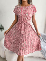 Spring Summer Women Short Sleeve Pleated Long Dress Elegant High Waist Floral Fashion A-line Dress - details 24