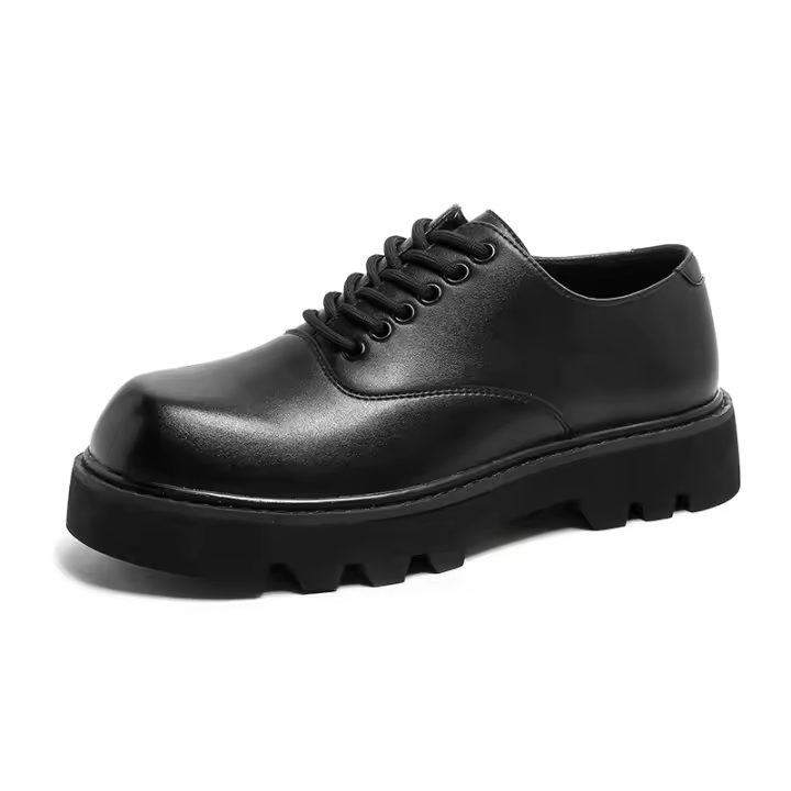 Zapatos derby de suela gruesa con punta cuadrada, zapatos negros de traje casual para jóvenes. - 1
