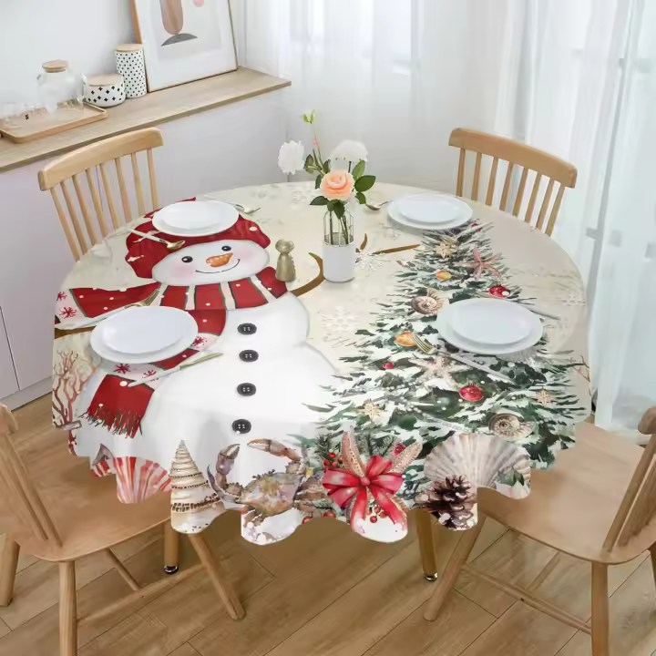 Mantel redondo impermeable de muñeco de nieve, cubierta de mesa decorativa para fiesta en casa, comedor, Navidad e Invierno - 1