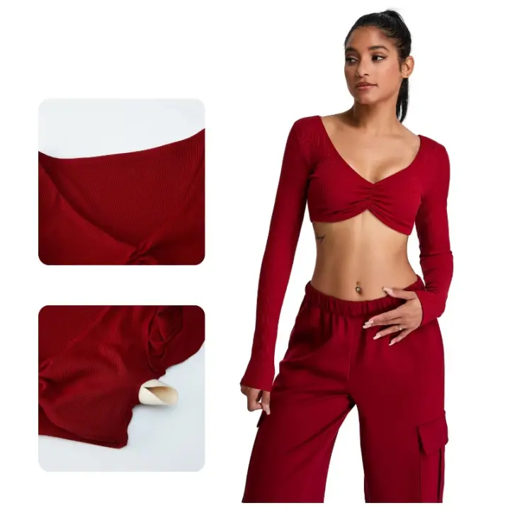 Camiseta deportiva plisada de manga larga con cuello en V profundo para mujer al por mayor - 1