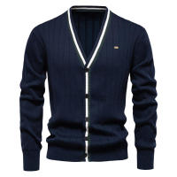 Cárdigan con cuello en V para hombre, suéter de manga larga, Chaqueta de punto con ribete de Color de contraste de moda - details 3