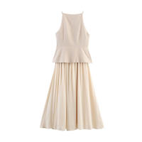 TRAFZA-Vestido Midi elegante de verano para mujer, vestido largo sin mangas con un solo pecho, diseño plisado empalmado, dobladillo acampanado, a la moda - details 2