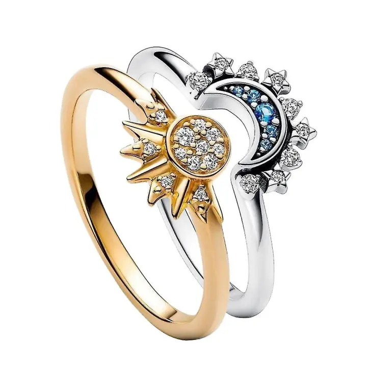Conjunto de anillos celestiales de Sol y Luna, Anillo brillante De Sol y Luna con Baño de Oro/Plata de 14 K - 1