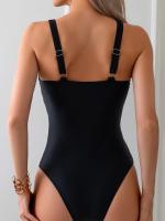 Bañador ajustado de una pieza para mujer, traje de baño adelgazante de Color sólido, alta elasticidad, ropa de vacaciones en la playa - details 3
