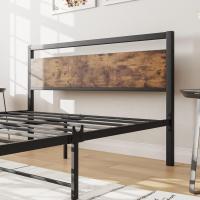 Base de cama de plataforma de metal, tamaño doble, con cabecero y estribo de madera, soporte de acero resistente, no necesita somier, fácil montaje color negro - details 4
