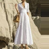 Elegante Vestido Maxi Blanco VGH Cuello en V, Manga Alta, Cintura Recortada, Adelgazante - details 1