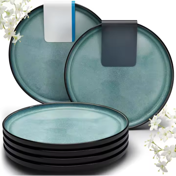 26 x 26 x 3 cm Juego de 6 Platos Grandes de Gres - Elegantes Platos para Comida, Apto para Lavavajillas y Microondas - Set de Vajilla para 6 Personas - Pure Living en azul humo - 1