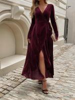 Vestido largo de manga larga con cuello en V para mujer, abertura de Color sólido de lujo, suave - details 9