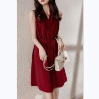 Vestido de Verano de Moda Top de Cuello Colgante para Mujer de Línea A Francesa sin Mangas de Color Sólido - details 2
