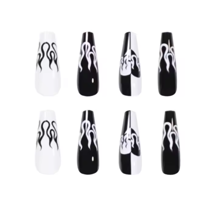 Ataúd Uñas acrílicas de cobertura completa, Uñas postizas francesas con pegatina de pegamento para mujeres y niñas - 1