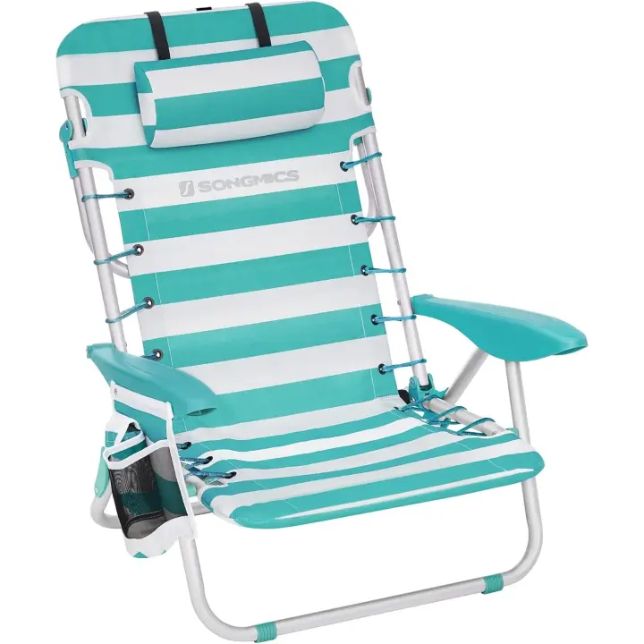 Silla de Playa, Silla Plegable para Camping, con Correa, Respaldo Ajustable, reposacabezas, apoyabrazos, 2 Fundas Laterales - 1