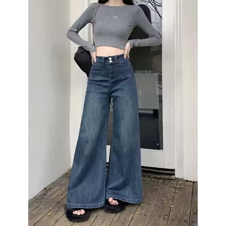 Pantalones casuales de pierna ancha para mujer, jeans sueltos de cintura alta Retro Haruku - 1