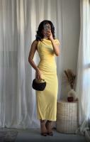 Elegante Vestido Amarillo con Pliegues Cuello Redondo, Ajuste Delgado, Sin Mangas, Ropa de Verano para Mujeres - details 4