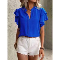 Jersey Elegante De Color Rojo Rosa Para Mujer, Blusa Informal Con Cuello En V Y Mangas Con Volantes De Doble Capa, Top De Color Sólido - details 14