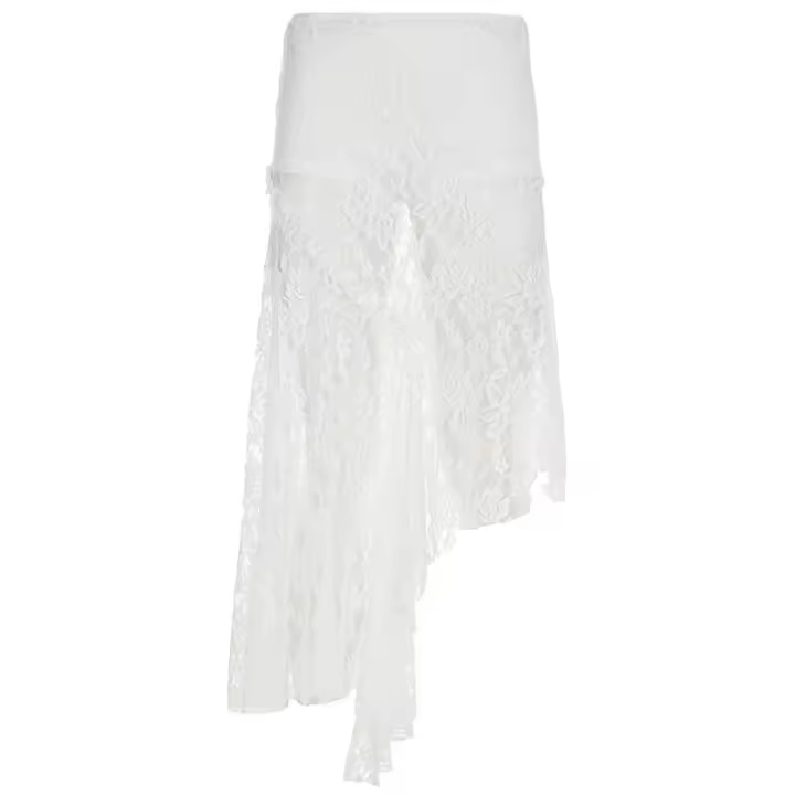 BUNO-Falda de encaje asimétrica transparente de tiro bajo en blanco y negro para mujer, falda de encaje transparente asimétrica larga por debajo de la rodilla, tendencia de verano 2025 - 1